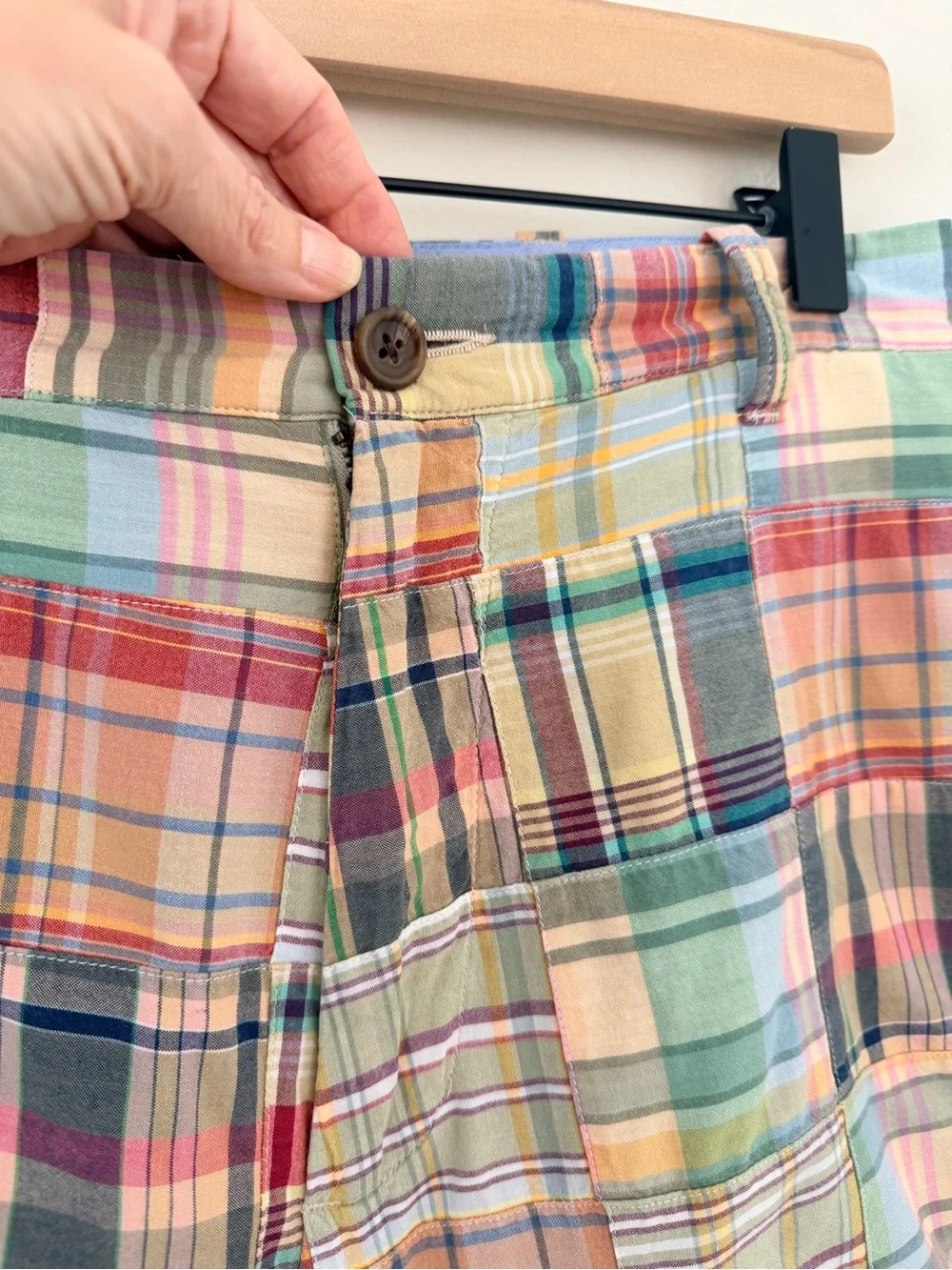 Vtg 90s Y2K J Crew Mens Patchwork Rainbow Madras Plaid Shorts Cotton trending